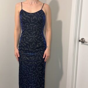 Vintage Jessica McClintock for Gunne Sax 90: Black and Blue Leaf Evening Dress